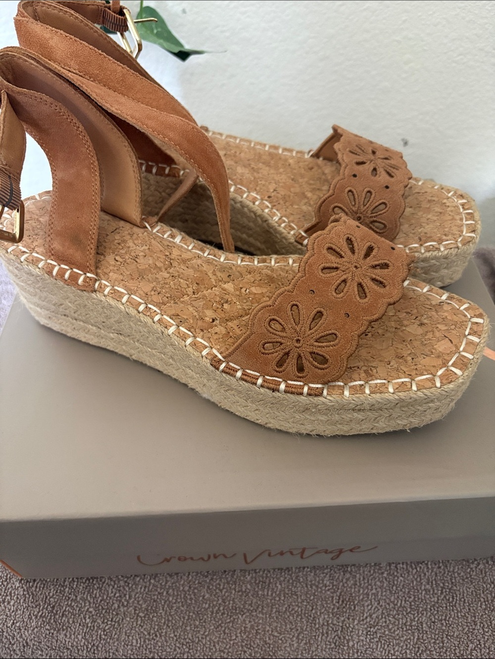 Crown Vintage Tan Floral Cutout Espadrille Wedge Sandals